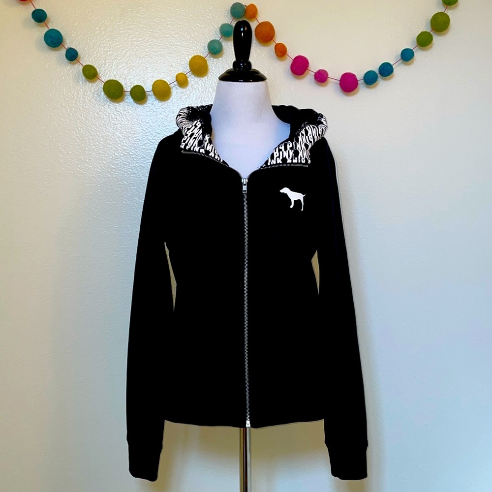 🆕 Victoria’s Secret PINK Black and White Zip Up Fleece Hoodie - Size Small